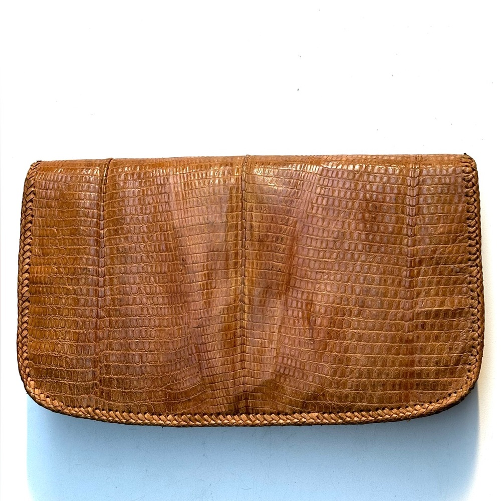 Genuine Lizard Skin leather Tan Brown Clutch, Vtg, 10.5”x6”